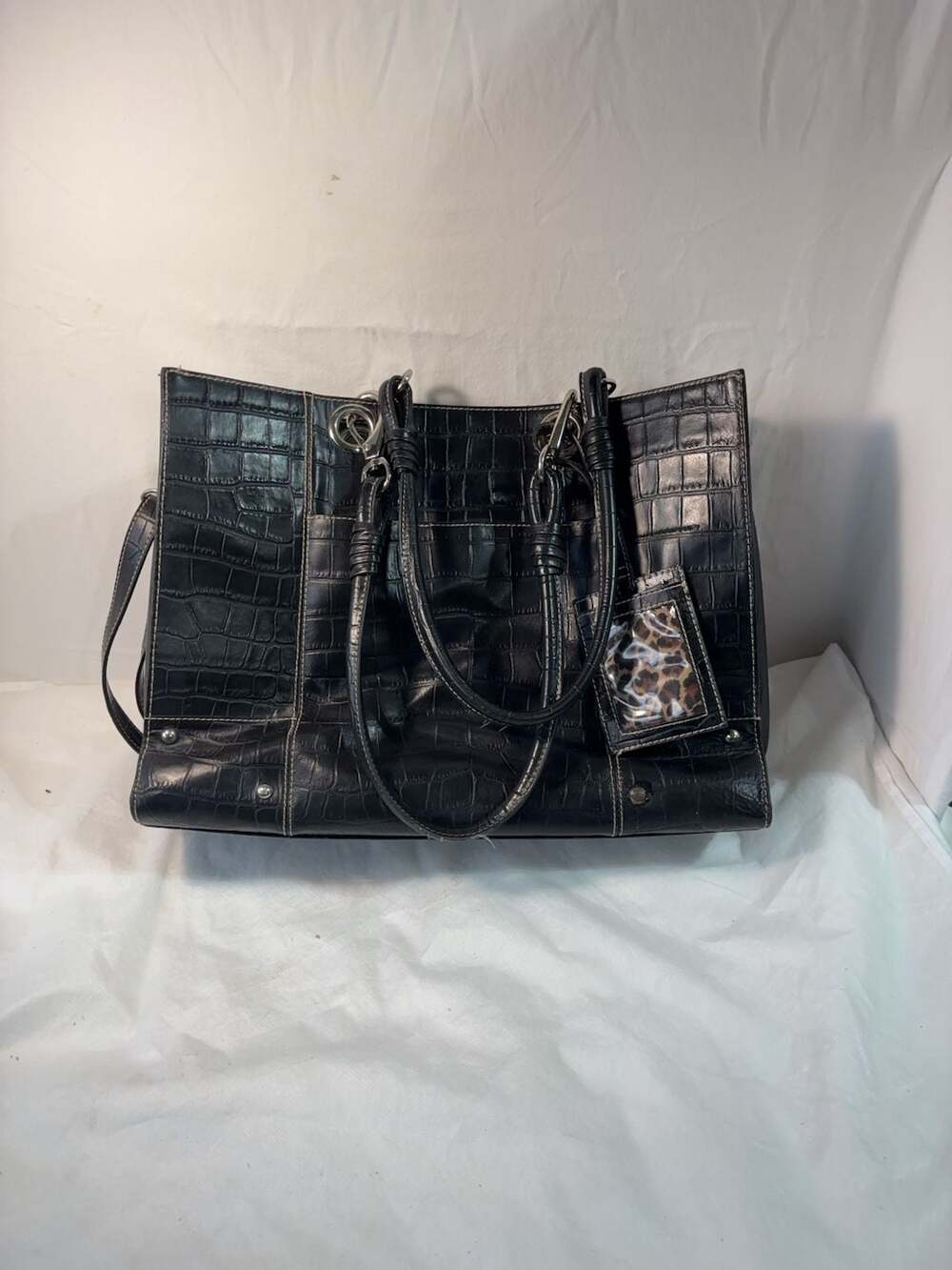 Wilsons Leather Black Croc Embossed Tote Bag with Leopard Print Lining